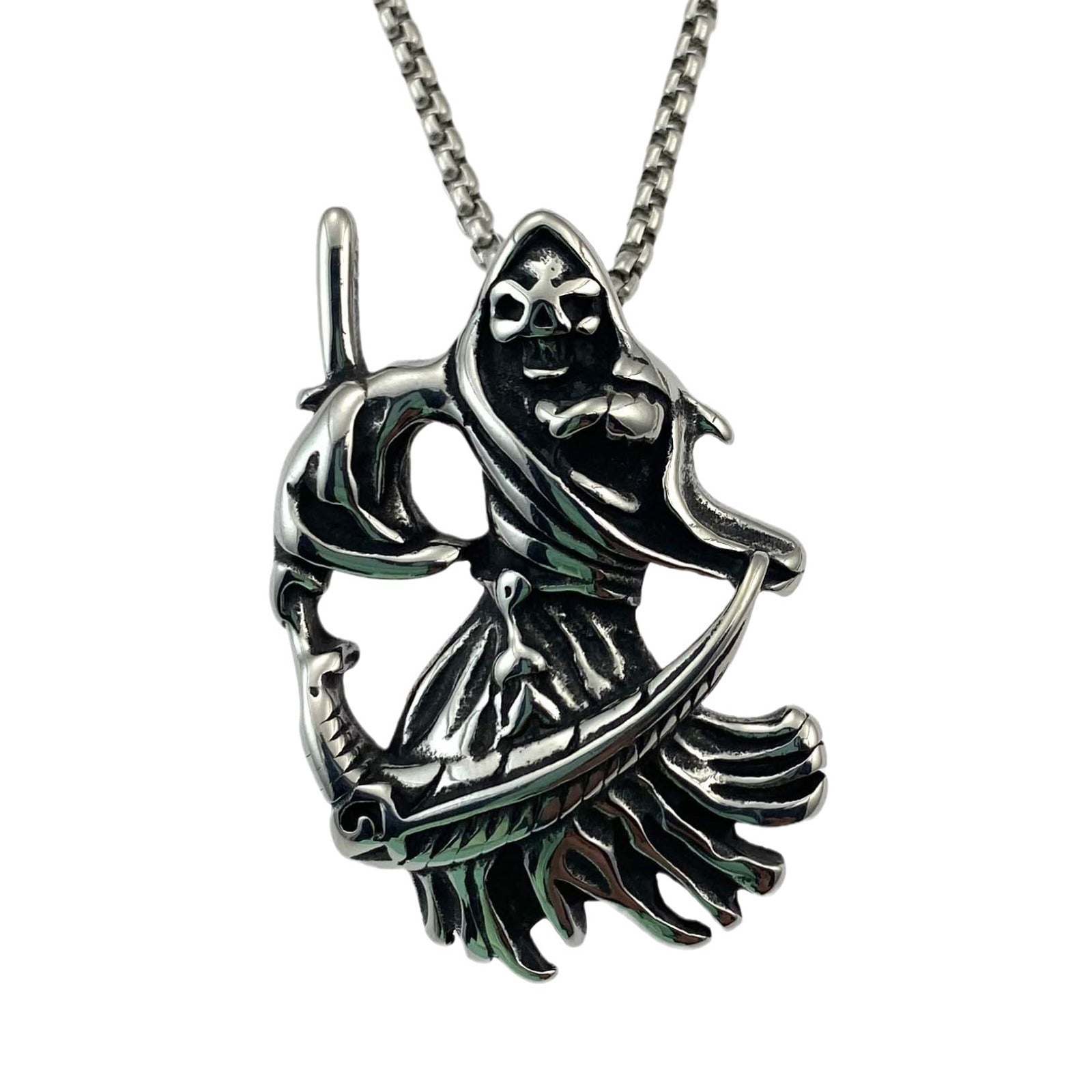 Wholesale  Vintage Sweater Chain Grim Reaper' s Scythe Skull Stainless Steel Pendant Necklace